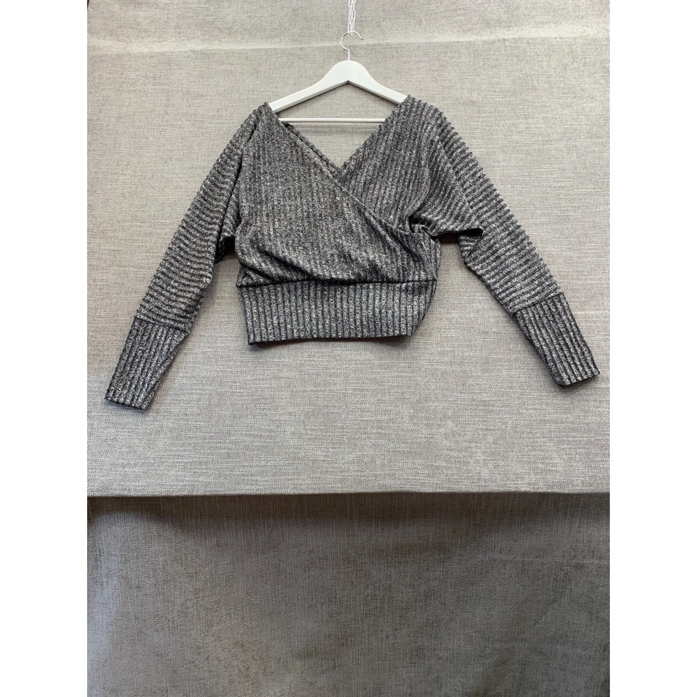 Express Cropped‎ Sweater Womens Small Heather Charcoal Gray Ribbed Surplice Neck